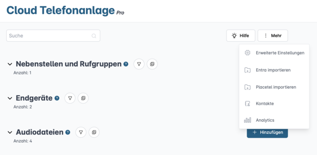 Erweiterte Funktionen Screenshot der erweiterten Einstellungen