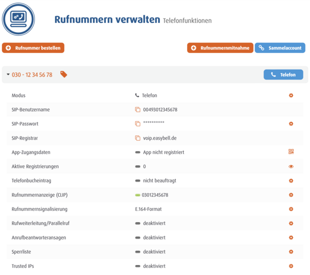 Easybell Kundenportal im Telefon-Modus mit Übersicht zu SIP-Daten und aktivierten sowie deaktivierten Telefonfunktionen