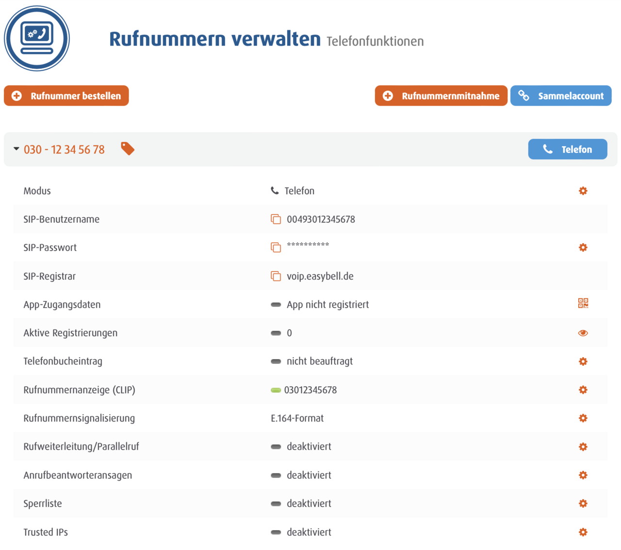 Easybell Kundenportal im Telefon-Modus mit Übersicht zu SIP-Daten und aktivierten sowie deaktivierten Telefonfunktionen