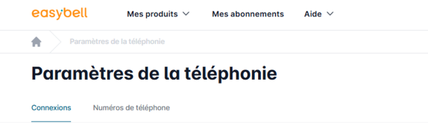 Portail client Easybell avec page ouverte pour les réglages du téléphone et onglets pour les connexions et les numéros d'appel