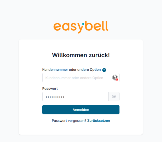 Login-Seite des Easybell-Kundenportals mit Feldern für Kundennummer und Passwort