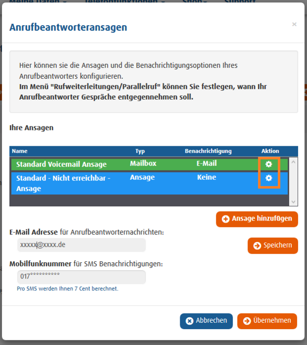 Anrufbeantwortereinstellungen Konfigurieren 2a Standard Ansage Konfigurieren Einstellungsseite für Anrufbeantworteransagen mit konfigurierbarer Standardansage und E-Mail-Benachrichtigung