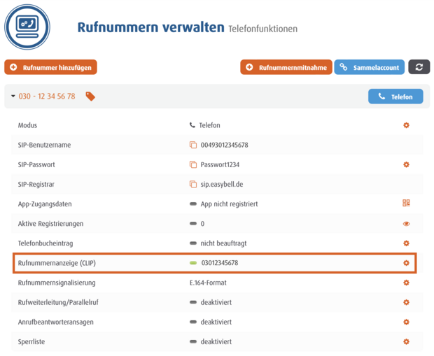 Easybell Kundenportal mit aktivierter Rufnummernanzeige (CLIP) für verwaltete Rufnummer