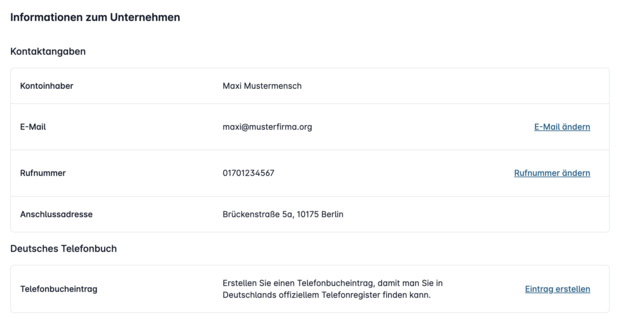 Account Setting für Unternehmens-Kontoinformationen mit Kontaktangaben und Telefonbucheintrag in der Easybell Cloud Telefonanlage