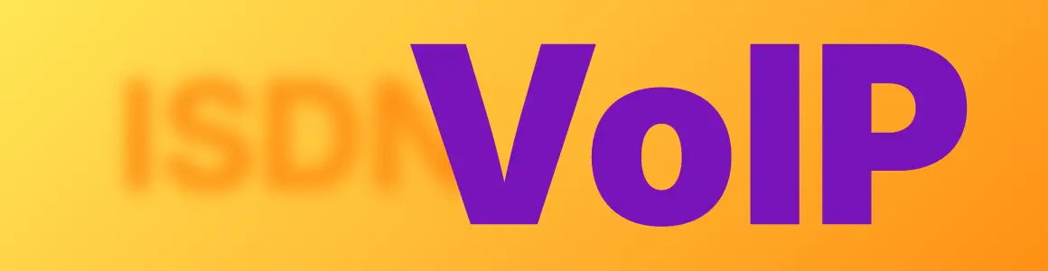 Grafik mit gelbem Hintergrund und großem violetten VoIP‑Schriftzug vor verblasstem ISDN‑Text