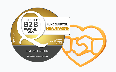 Siegel des deutschen B2B-Awards für das beste Preis-Leistungs-Verhältnis, Herz mit Handshake